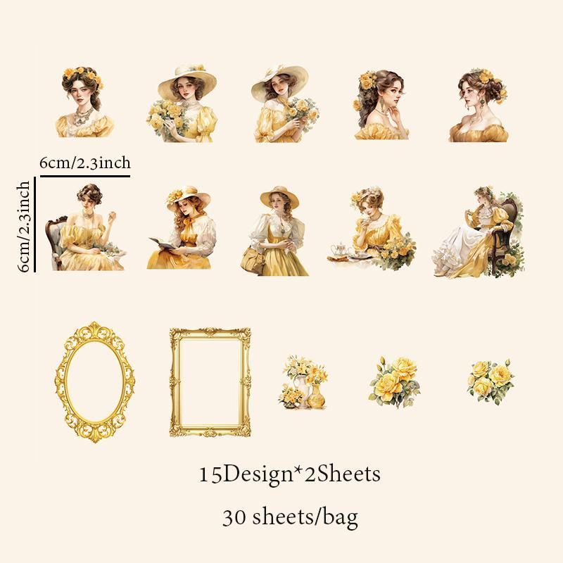 Vintage Girl Pattern Stickers, 30 Sheets Pack PET Waterproof Self Adhesive Material Sticker, Scrapbook Decorative Stickers, Bedroom Decor