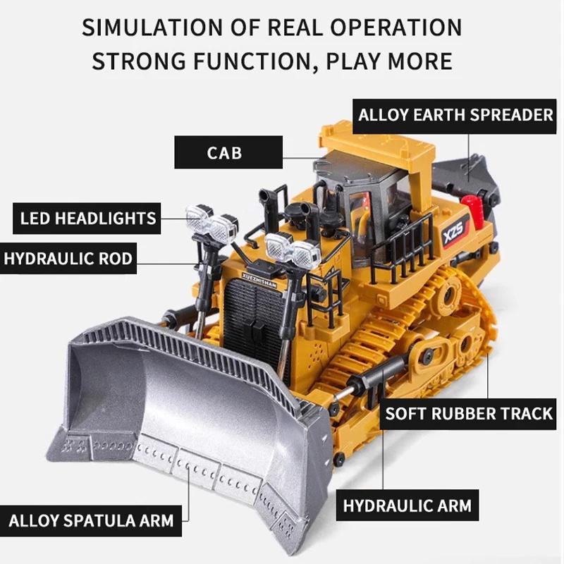 Alloy 2.4G 11 9 CH Remote Control Excavator RC Model Car Toys Dump Truck Bulldozer Engineering Vehicle With Led Lights Music,Christmas Birthday Gifts Engineering Car Children Electric Toy