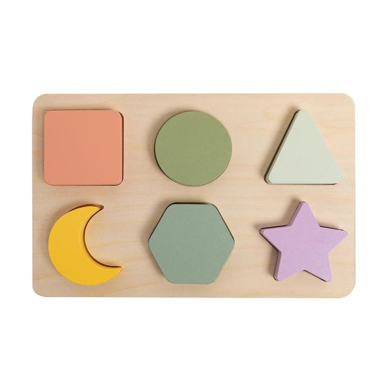 Pearhead Wooden Shapes Puzzle, Early Developmental Montessori Colors and Shapes Toy, Interactive Learning Games for Baby and Toddler, 6 Shapes Included, FSC Certified