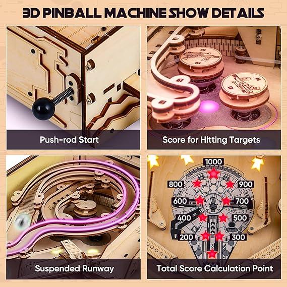 Pinball Machine Wooden Puzzles Mechanical Model, 3D Wooden Puzzles for Adults, DIY Wood Model Kits for Adults, Mini Pinball Machine Suitable for Teenagers and Adults Aged 14+