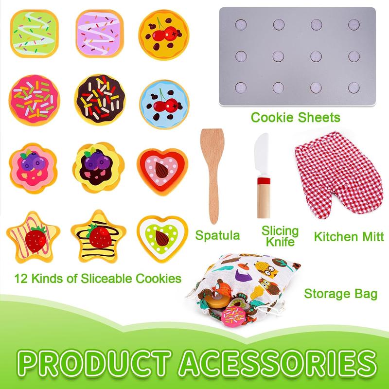 Christmas Gift Slice and Bake Wooden Cookie Play Food Set for Kids Kitchen , Toy Food Accessories, Kids Pretend Cookies and Baking Sheet