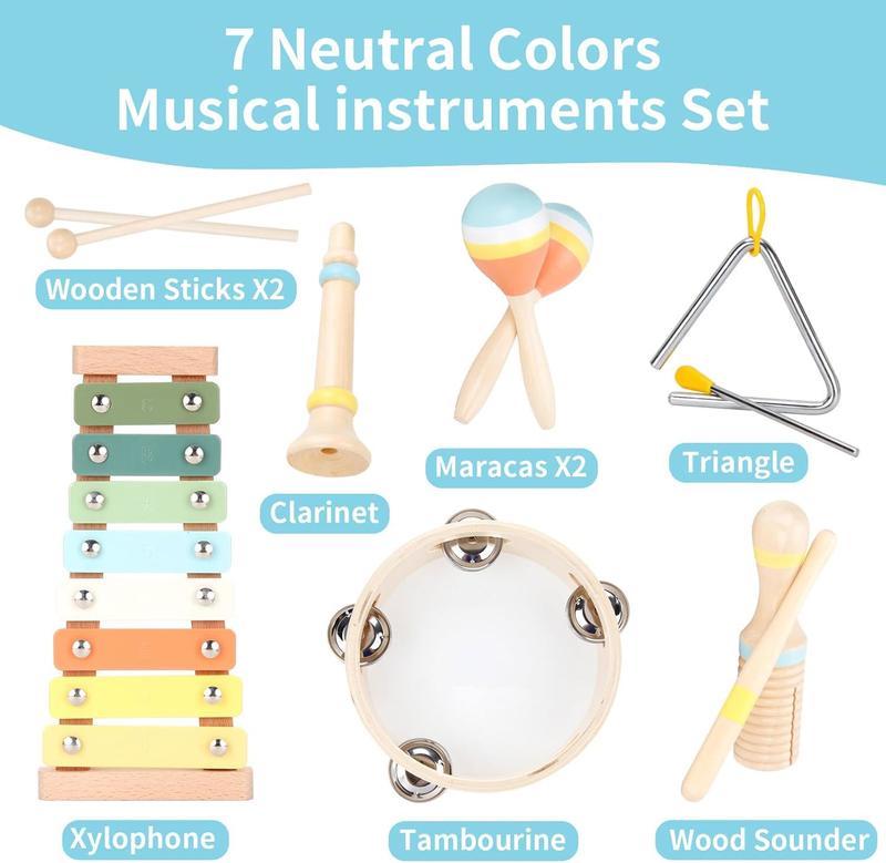 Baby Musical Instruments Set Wooden Montessori Toys for Toddlers 1-3 Percussion Instruments Set Modern Boho Music Toys for Kids Preschool Educational.