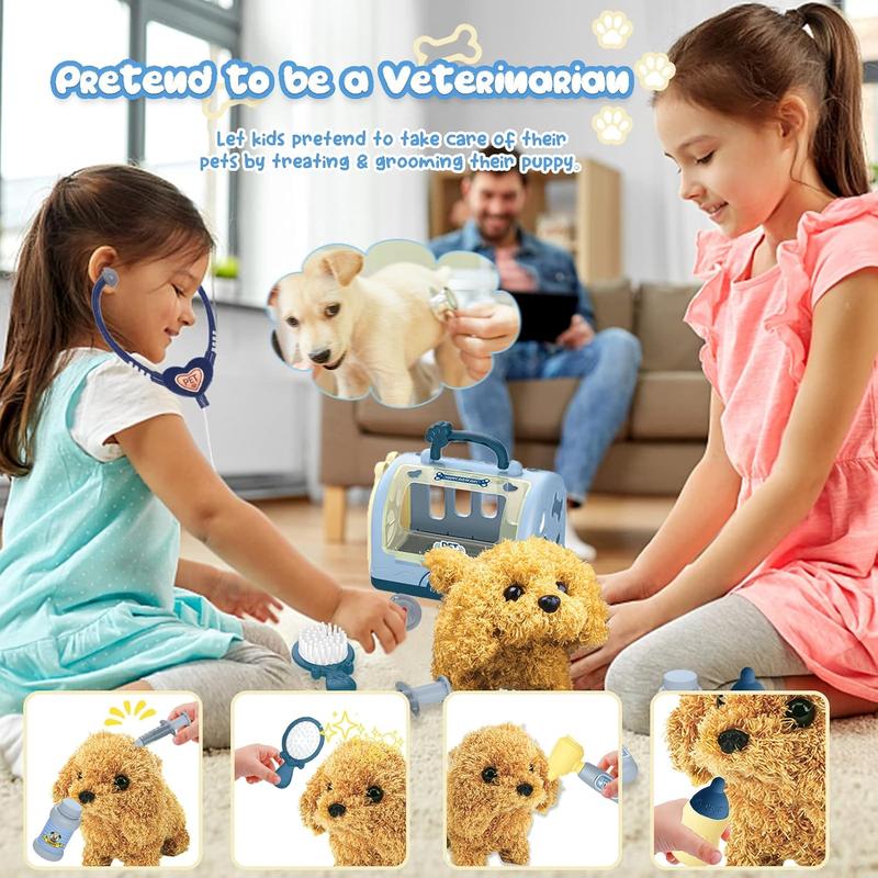 TEUVO Pet Care Playset Robot Dog Toys for Kids, 12Pcs Kids Vet Playset Toys Veterinarian Kit Doctor Kit & Interactive Electric Dog Plush & Cage Pretend Play Gifts for Girls Toddlers 3 4 5 6 7 Year Old