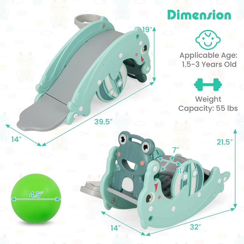 Costzon Slide Rocking Playset with Basketball Hoop, Rocking Horse, Slide, Foldable Climber Playground Slide for Both Indoors Outdoor Use