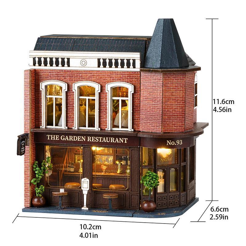 3D Corner Western Restaurant Building Blocks, Wooden DIY Miniature House Kit Set, Mini Creative House LED Handmade Home Decoration Handcraft