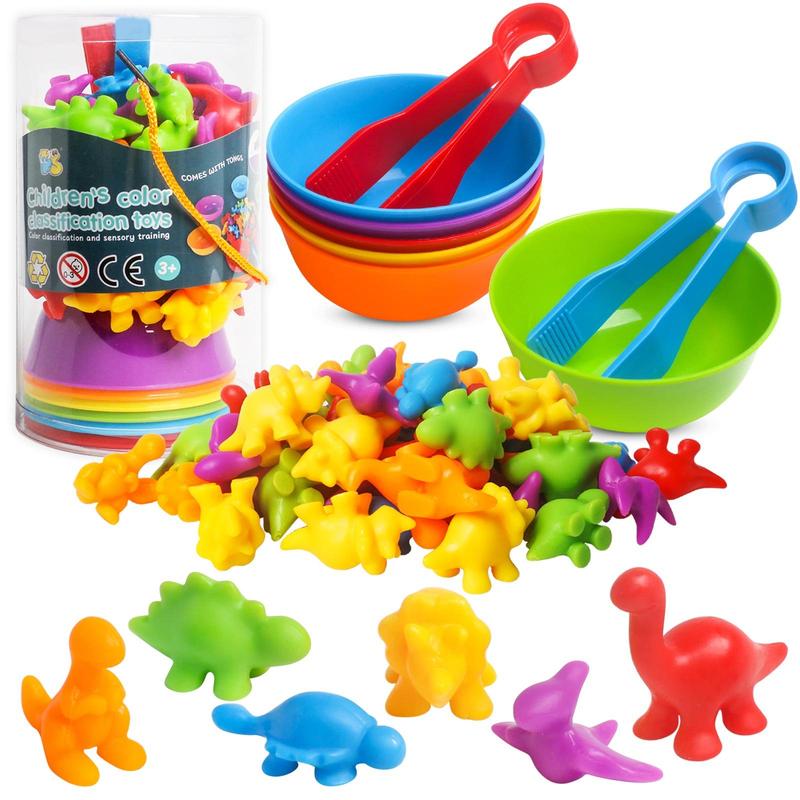 Counting Dinosaur Toy, Color Classification Game Toy, Color Matching Sorting Cups and Tweezers, Montessori Mathematics Teaching Aids Kindergarten Game Kit