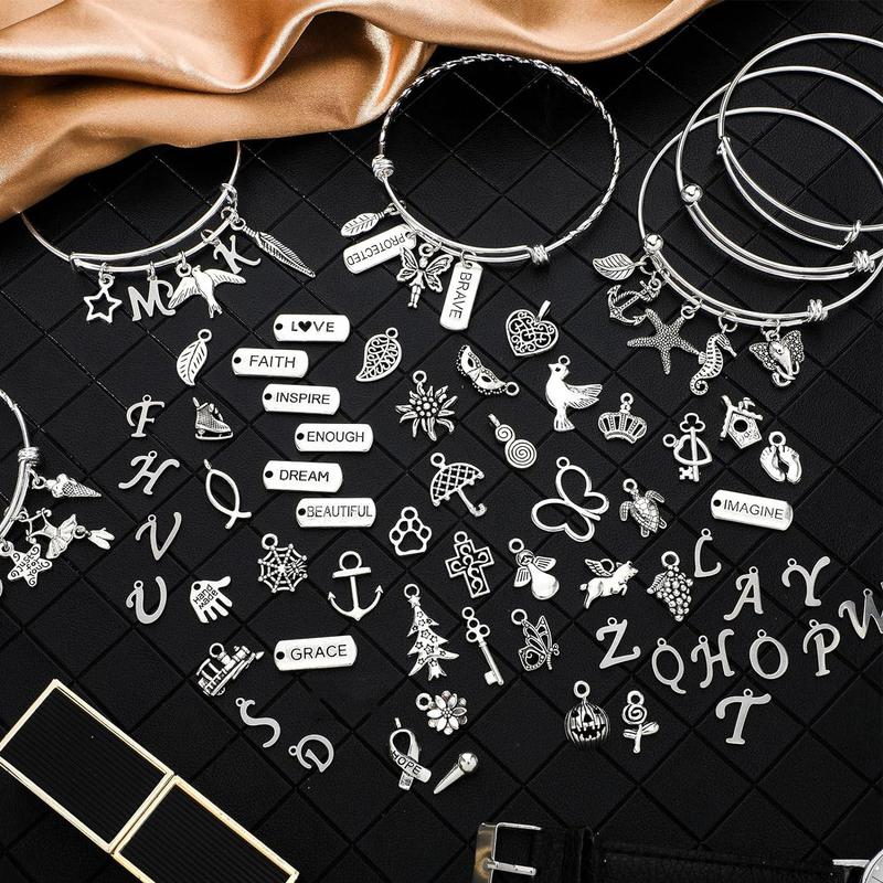 DIY Bracelet Making Kit, 171pcs set Bangles Jewelry Making Accessories Including 10pcs Adjustable Bangle, 51pcs Charm Pendants, 100pcs Jump Rings, 15pcs Earhooks & Gift Box