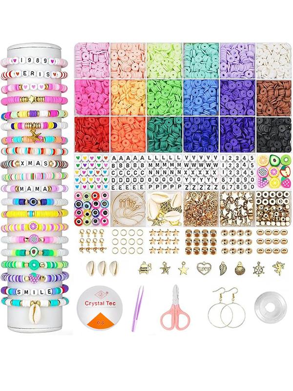 Beaded Making Kit, Solid Color Beads & Letter Print Beads & Elastic Thread & Other Accessories, Jewelry Making Supplies for Bracelet & Necklace Making