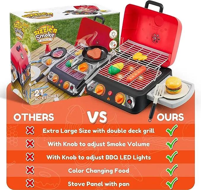  Kids Barbecue Grill Playset with Pretend Light, Sound & Color-Changing Food, Little Chef Play For Kitchen Toy Gift