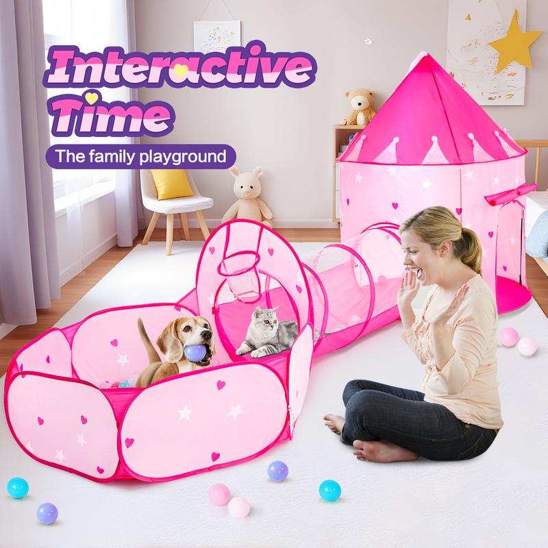 3pc Pink Play Tent Ball Pit for 4-12 Years with Tunnel Pop up Princess Toys Indoor Outdoor Game indoor tent pit tunnel crawl tunnel