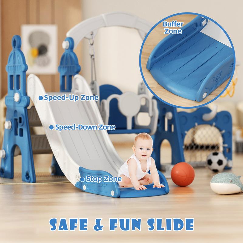 KORIMEFA 5 in 1 Kids Slide and Swing Set with Basketball Hoop, Soccer net and Climbing Ladder - Multifunctional Play Center for Active Fun for Kids Age 3-4 years