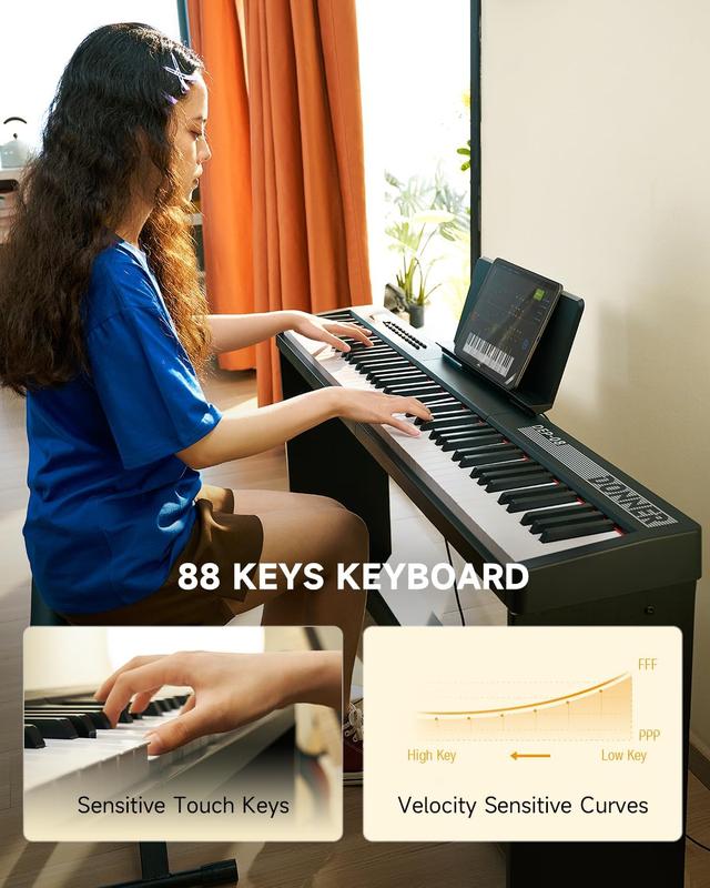 Donner DEP-08 Digital Piano Keyboard Velocity-Sensitive 88 Keys with Removable Piano Stand, Compact Beginner Home Electric Piano with Split Mode, LCD Screen, and Triple Pedal