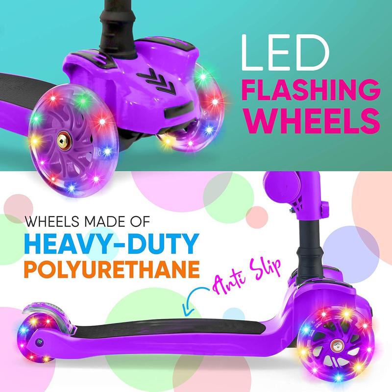 3-Wheeled Scooter for Kids - Wheel LED Lights, Adjustable Lean-to-Steer Handlebar, and Foldable Seat - Sit or Stand Ride with Brake for Boys and Girls Ages 1-14 Years Old