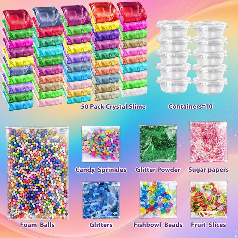 50 Pack DIY Slime Kit, Slime Making Kit for Girls, Crystal Clear Slime, Premade Slime with Add-ins, Foam Balls, Glitters, Slime Party Favors Gift Toys for Kids 3-12