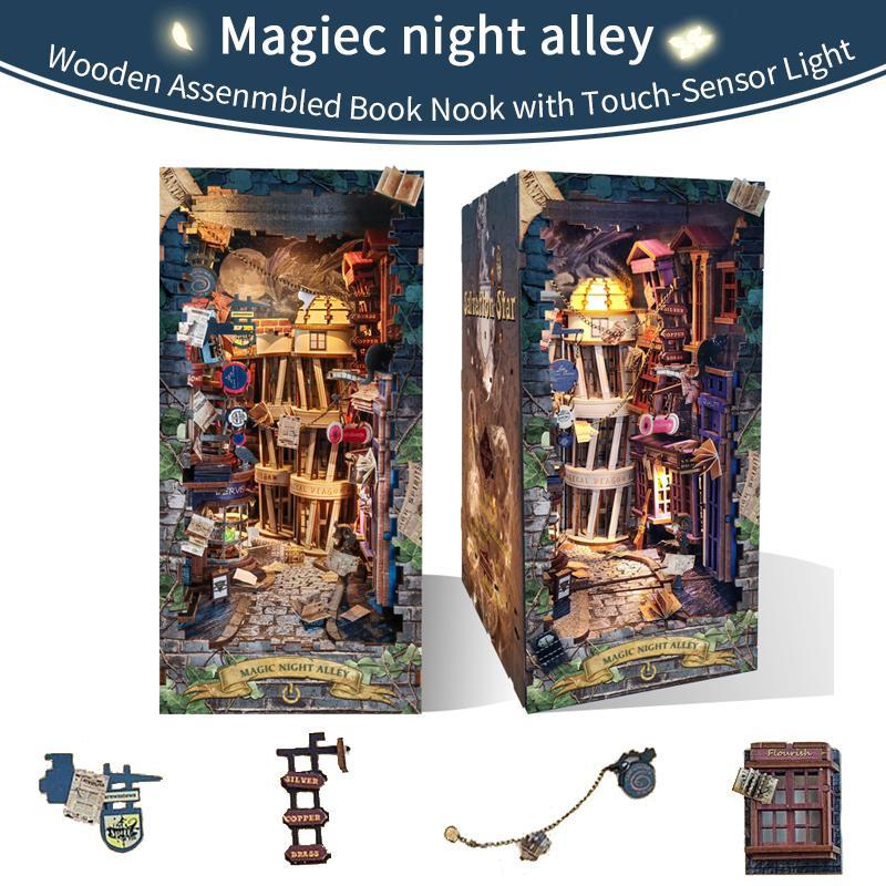 Magic Night Alley 3D Book Nook with Dust Cover, 1 Box DIY Wooden Bookshelf Insert DIY Miniature Kit, Bookend Stand with LED Light, Desktop Ornament for Home Office Decor, Summer DIY Decoration Materials, Stocking Fillers Gift