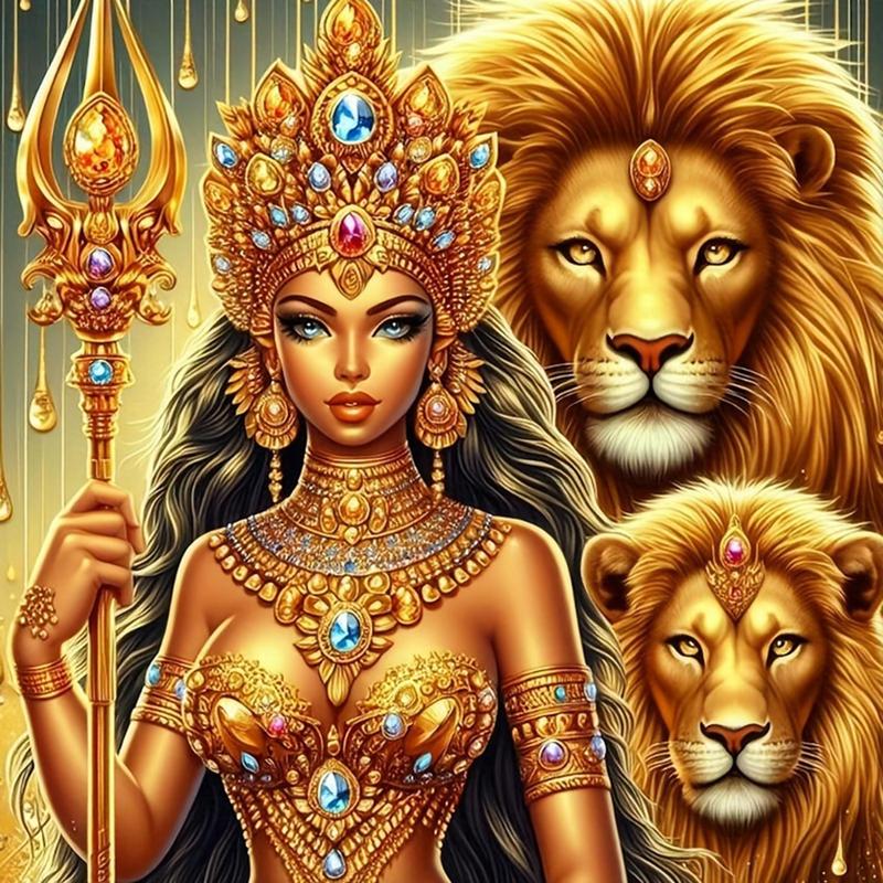 Golden Lion and Goddess Pattern DIY Diamond Arts Colorful Painting Kit without Frame, 1 Set Full Round Diamond Decorative Painting for Home Room Decor