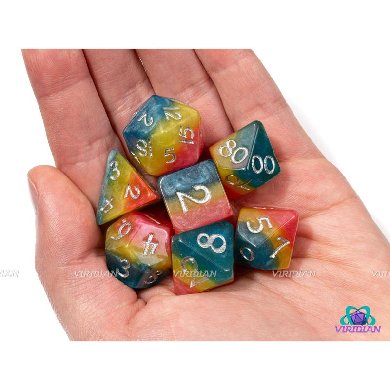 Shimmery Pansexual Pride | Layered Pink, Yellow, Cyan, Pansexual Flag, Cut Corners, Ace LGBTQ+ Themed | Resin Dice Set (7)