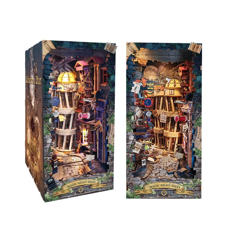 Magic Night Alley 3D Book Nook with Dust Cover, 1 Box DIY Wooden Bookshelf Insert DIY Miniature Kit, Bookend Stand with LED Light, Desktop Ornament for Home Office Decor, Summer DIY Decoration Materials, Stocking Fillers Gift