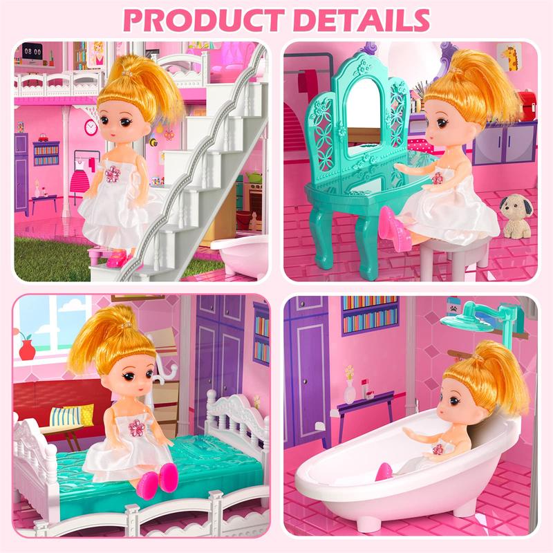 Dollhouse, Fantasy Dollhouse Furniture Pink Girls Toys, 4 Tier 10 Room Dollhouse with 2 Princess Slide Accessories, Playhouse Gift Gift Set,