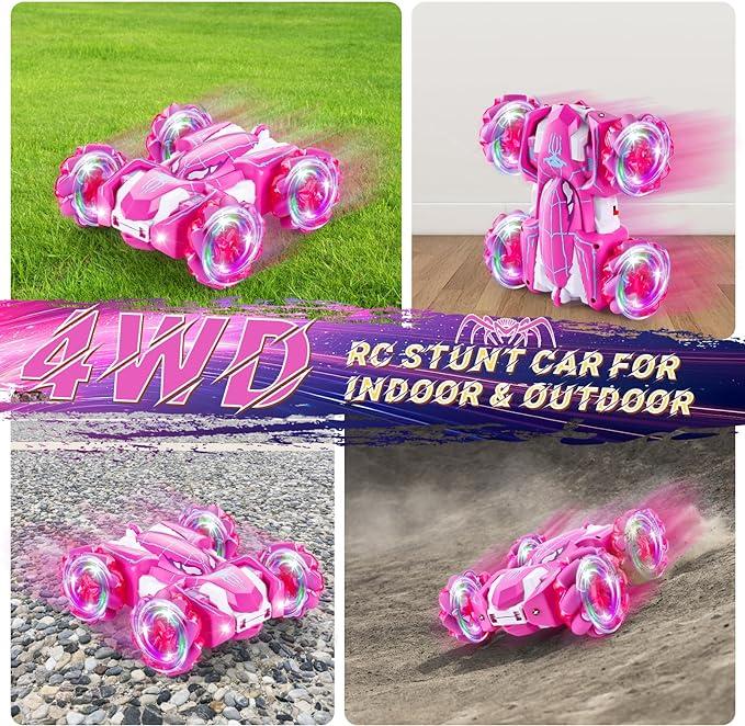 Pink Spider Remote Control Car - 2.4Ghz Double Sided with LED Light. 360° Rotating RC Drift Car, 4WD Rechargeable RC Stunt Car