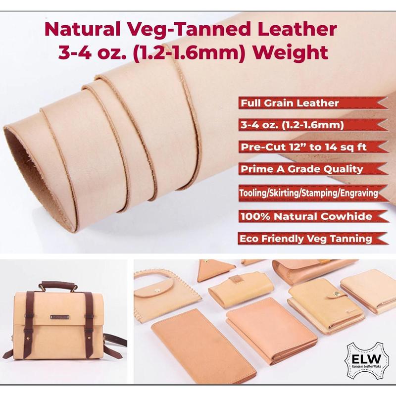 ELW Veg Tan Full Grain Leather Cowhide Pre-Cut Pieces 3 4 oz. (1.2-1.6 mm) - Import AA Grade Tooling Leather Hide - Vegetable Tanned Leather for Tooling, Carving, Molding, Dyeing: (12