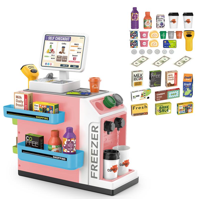 deAO Toy Register Coffee Machine Toys 2 in 1 Play Food for Pretend Play Grocery Store Store Supermarket Playset