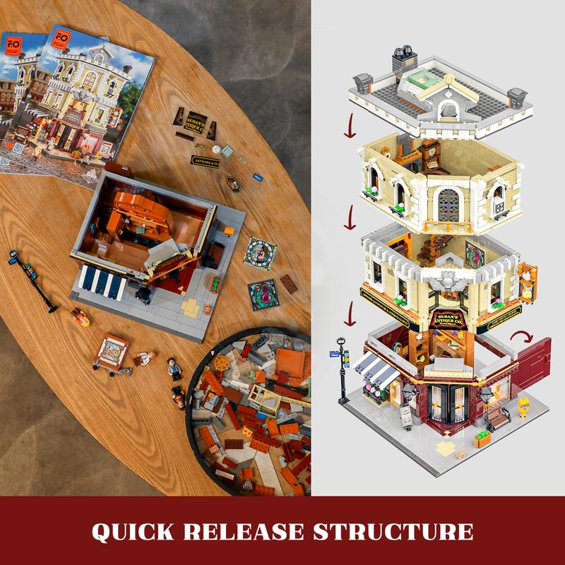 Funwhole Antique Store Lighting Building-Bricks Set 2847 Pcs - City Town Corner Collectibles Shop LED Light Modular Building Model Set Holiday gift   for Adults and Teen