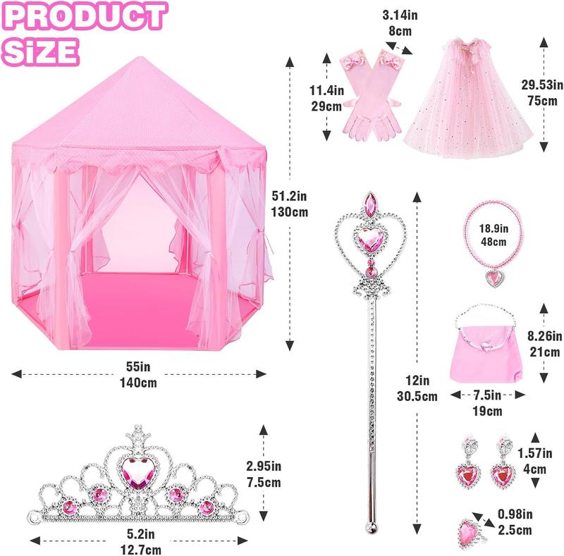 Princess Play Tent with 10-Piece Dress-Up Cape Set for Girls: Large Indoor Outdoor Castle Playhouse with LED Star Lights Pink Princess Castle Tent with Fairy Lights