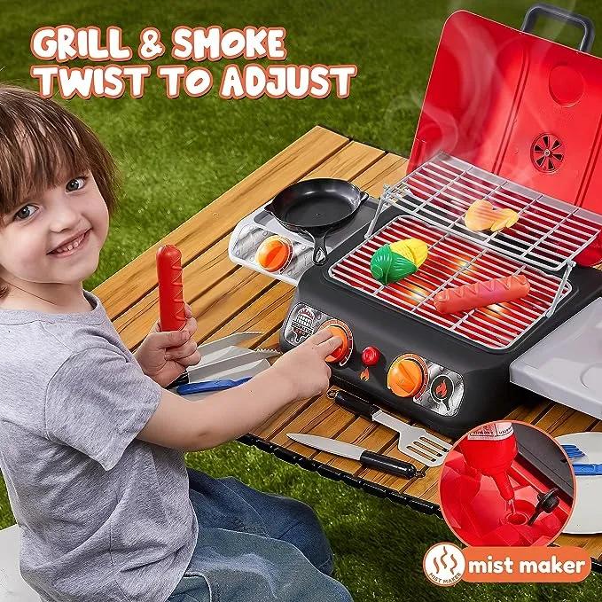  Kids Barbecue Grill Playset with Pretend Light, Sound & Color-Changing Food, Little Chef Play For Kitchen Toy Gift