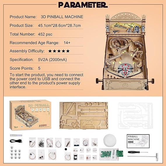 Pinball Machine Wooden Puzzles Mechanical Model, 3D Wooden Puzzles for Adults, DIY Wood Model Kits for Adults, Mini Pinball Machine Suitable for Teenagers and Adults Aged 14+