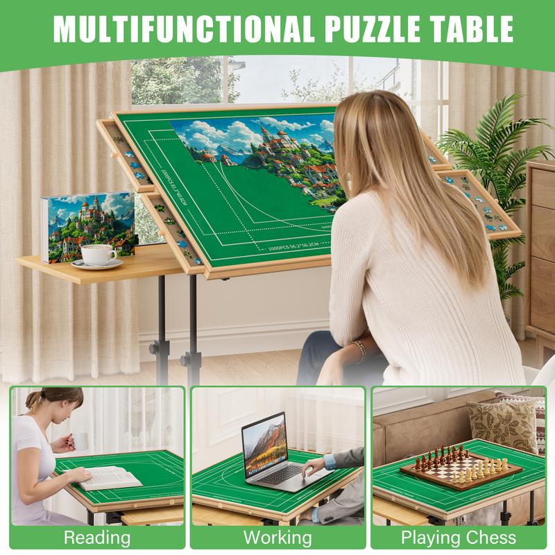 Puzzle Table with Drawers for 1500 Piece, Jigsaw Puzzle Wooden Board with Retractable Legs, Adjustable 5-Tilting-Angle, Cover Included, Christmas Gift