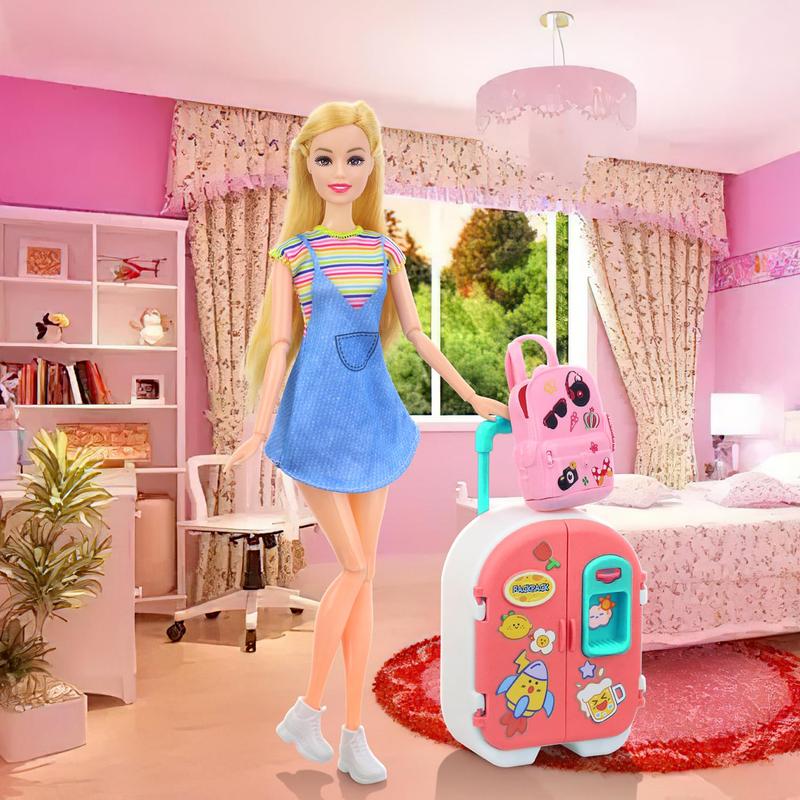 16 Pcs Doll Clothes and Accessories for 11.5 Inch Girl Dolls, Fashion Travel Suitcase Set Including Blue Jean Skirts, Bags, Food Magazines etc