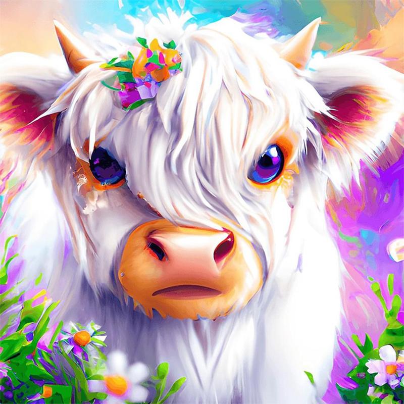 Cow & Flower Pattern Diamond Arts Colorful Painting Kit without Frame, DIY 5D Paint by Numbers Diamond Art Crafts Kit, Wall Art Decor for Home Living Room Bedroom