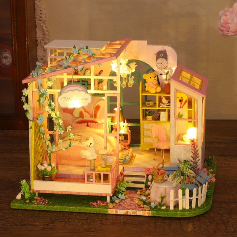 DIY Wooden Garden House Assembly Toy, 1 Set DIY Wooden House Assembly Kit with LED Light, Home Decoration, Birthday Gift, for Teenager and Friends