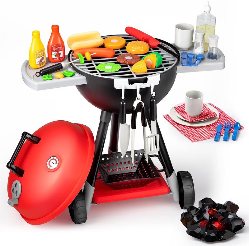  Kids Barbecue Grill Playset with Pretend Light, Sound & Color-Changing Food, Little Chef Play For Kitchen Toy Gift