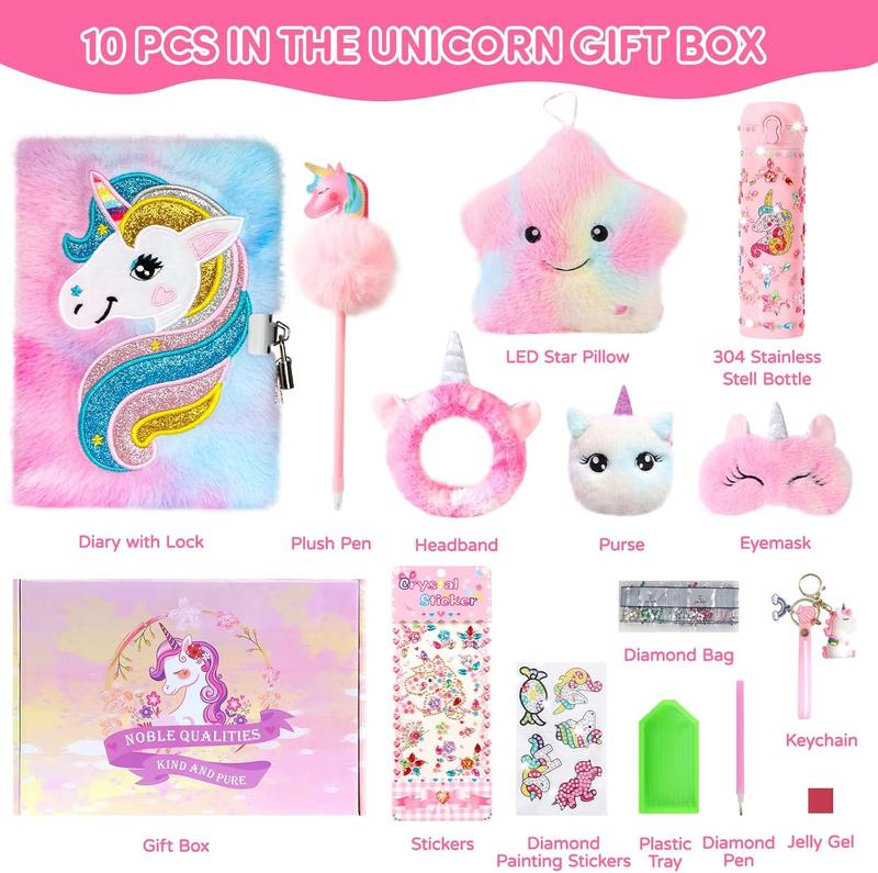 Christmas gift Unicorn Gifts for Girls, 10 PCS Unicorn Toys with Light Up Star Pillow Plush Diary DIY Water Bottle Kits for Girls