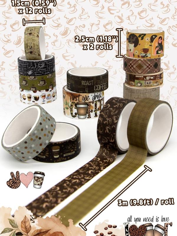 Vintage Crafts Coffee Themed Washi Tape Set - 14 Rolls for Scrapbooking Supplies