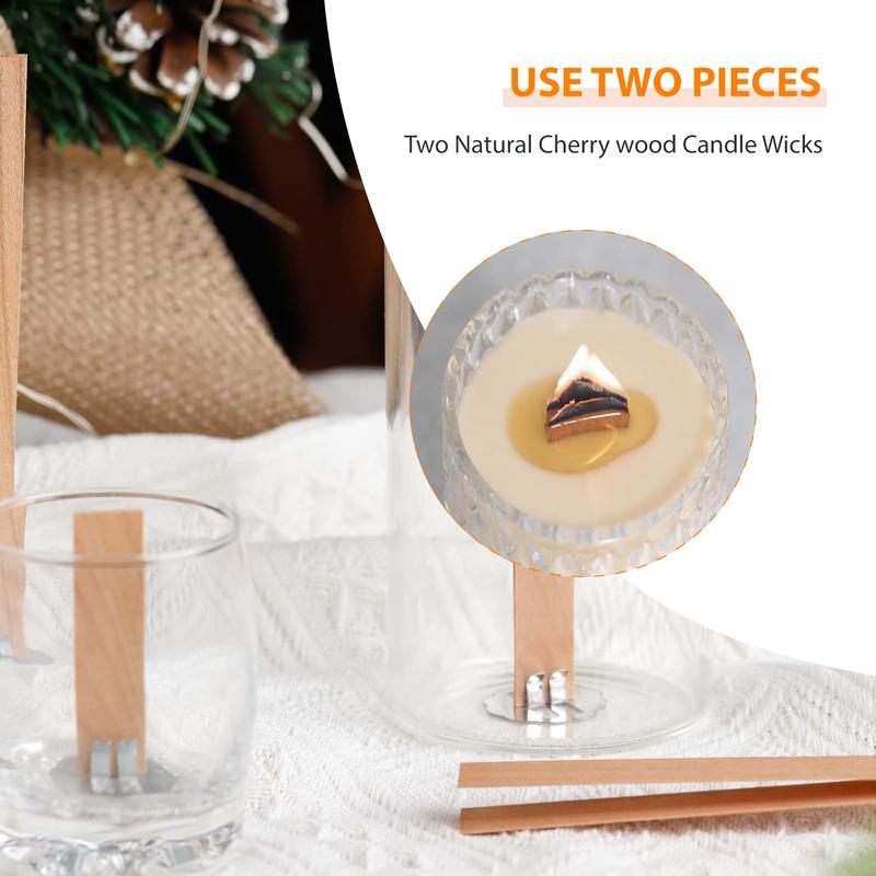 100 Pcs Smokeless Cherry Wood Candle Wicks, Long Lasting Flame, Easily Burn, Candle Cores with Stand and Glue Dot, Warning Label for DIY Candle Making