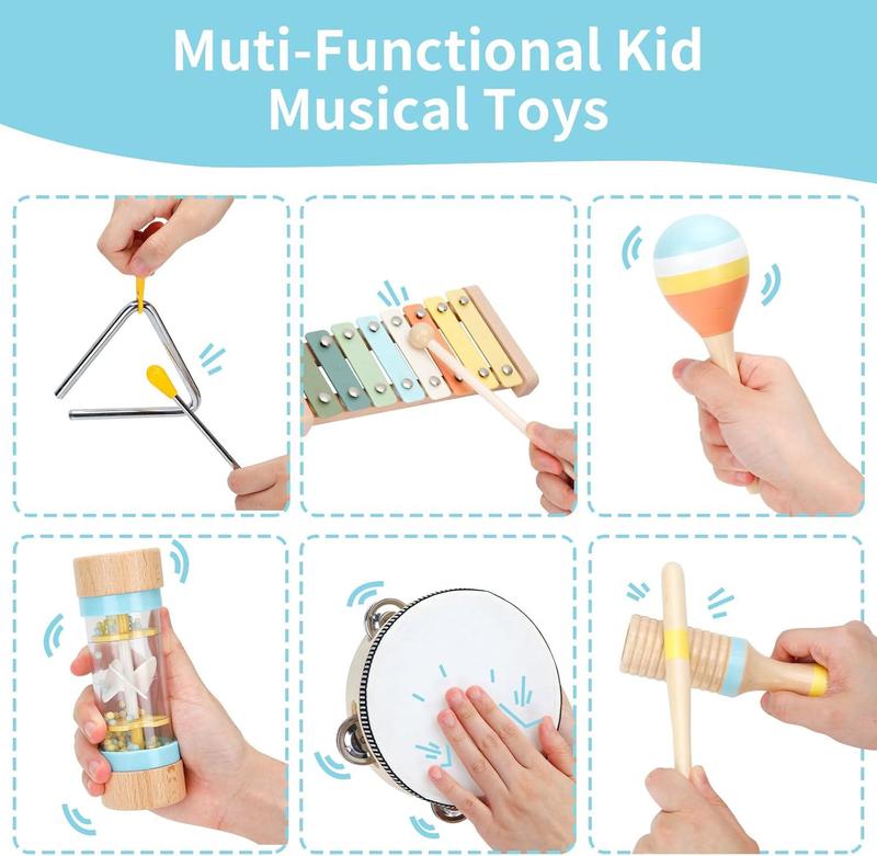 Baby Musical Instruments Set Wooden Montessori Toys for Toddlers 1-3 Percussion Instruments Set Modern Boho Music Toys for Kids Preschool Educational.