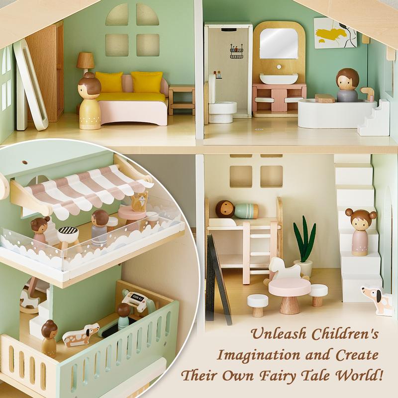 Joylike Wooden Doll Room, With Wooden Furniture, All Wooden Play House.