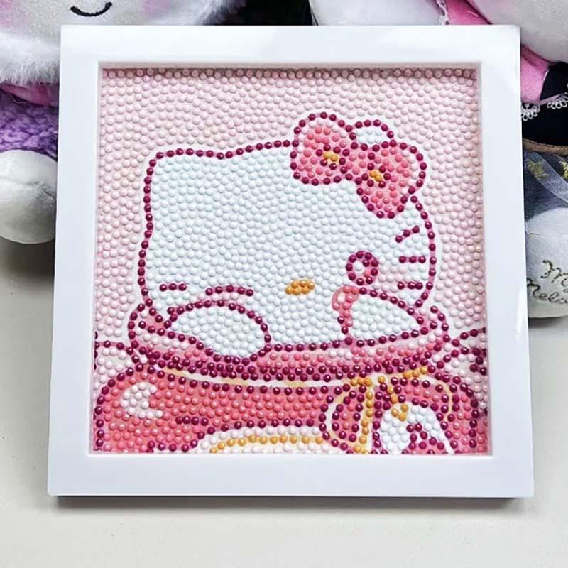 Cartoon Hello Kitty Pattern DIY Diamond Art Painting Kit with Frame, 5D Diamond Art Painting Kit, DIY Wall Art Decor for Home Living Room Bedroom