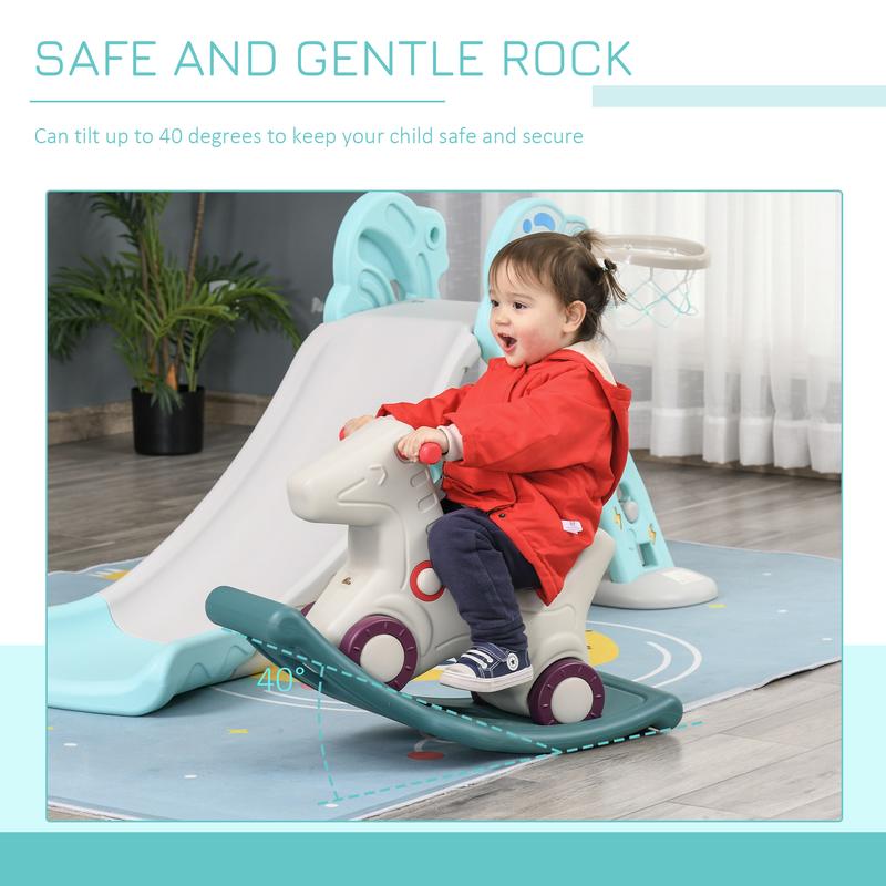 Qaba 3-in-1 Kids Portable Slide Rocking Horse Toy with Basketball Hoop for Age 1.5-3 Boys and Girls, Mint Green