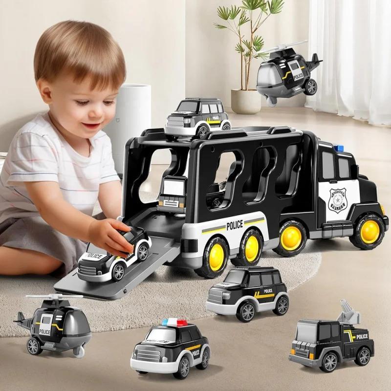 5 in 1 Inertial Double-deck Police Vehicle Toy, 1 Set Friction Power Transport Truck, Police Carrier Truck Toy with Lights Music, Toy Car for Boys