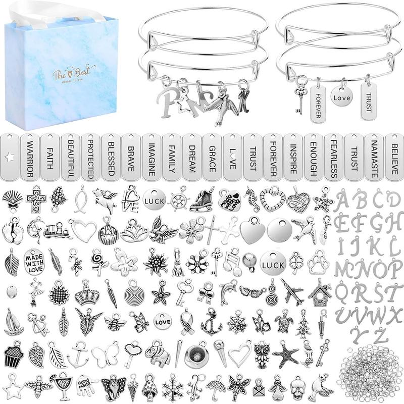 DIY Bracelet Making Kit, 171pcs set Bangles Jewelry Making Accessories Including 10pcs Adjustable Bangle, 51pcs Charm Pendants, 100pcs Jump Rings, 15pcs Earhooks & Gift Box