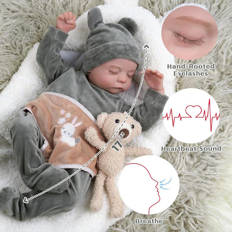 BABESIDE 3 in 1 Lifelike Reborn Baby Dolls with Heartbeat and Coos -17 in Realistic Newborn Baby Dolls Soft Body Breathable Baby Girl with Feeding Kit Gift Box for Kids Age 3+