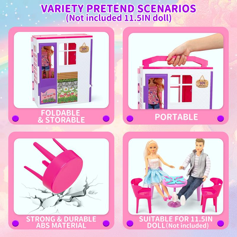 Foldable Dollhouse w  60+ Pcs & 2 Dolls, Play House Toy with Bedroom Kitchen Furniture Camping Playset, Playhouse Birthday Gift for Girl Kid Toddler