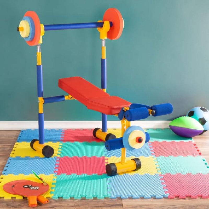 Kids Weight Bench Set with Leg Press and Barbell for Ages 3 and Up