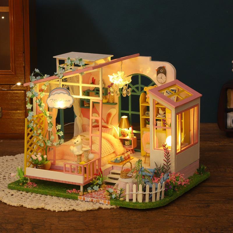 DIY Wooden Garden House Assembly Toy, 1 Set DIY Wooden House Assembly Kit with LED Light, Home Decoration, Birthday Gift, for Teenager and Friends