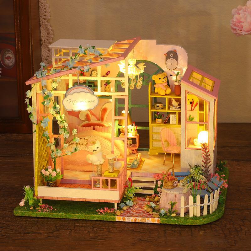 DIY Wooden Garden House Assembly Toy, 1 Set DIY Wooden House Assembly Kit with LED Light, Home Decoration, Birthday Gift, for Teenager and Friends