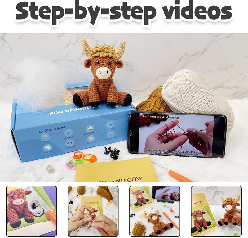 Highland Cows Amigurumi Crochet Kit for Beginners | Easy Crochet Starter Set with Step-by-Step Video Tutorial | Perfect Gift for Kids and Adults | Fun Crochet Animals for Christmas